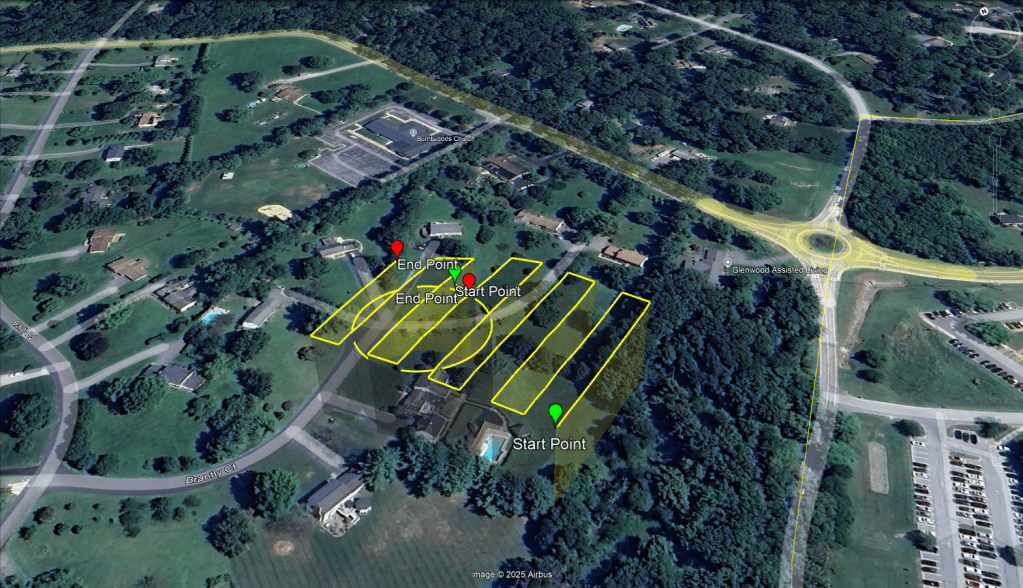 RTK-enabled drone mapping mission with planned flight lines for high-accuracy geospatial data collection